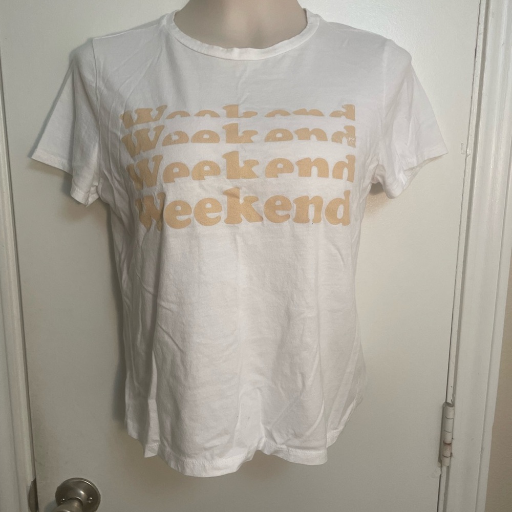White 'Weekend' Graphic Tee with Beige Print